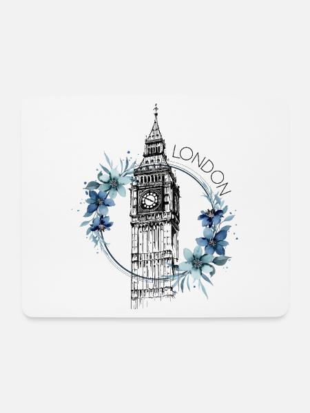 London Big Ben England Blumen Line Art Kunst - Mousepad (Querformat) - Weiß