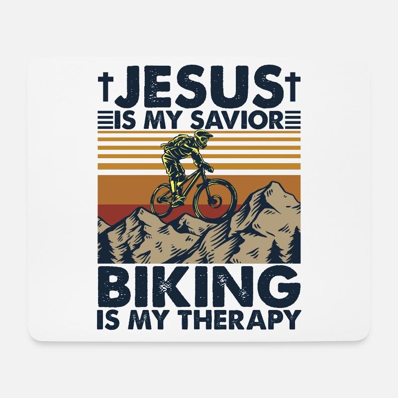 Jesus Is My Savior Biking Is My Therapy - Mousepad (Querformat) - Weiß