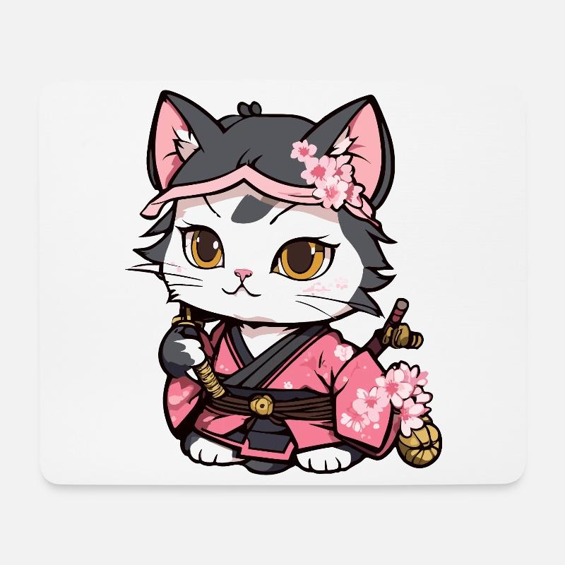 Samurai Katze & Kirschblüten #12 - Mousepad (Querformat) - Weiß