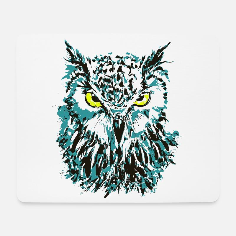 Eule Zeichnung - Blaue Eule mit leuchtenden Augen - Mousepad (Querformat) - Weiß