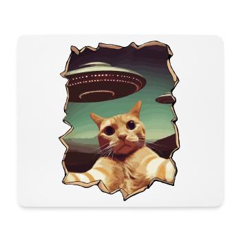 Funny Cut Out Cat Selfie UFO 3D Effect - Mouse Pad (horizontal) - white - Front