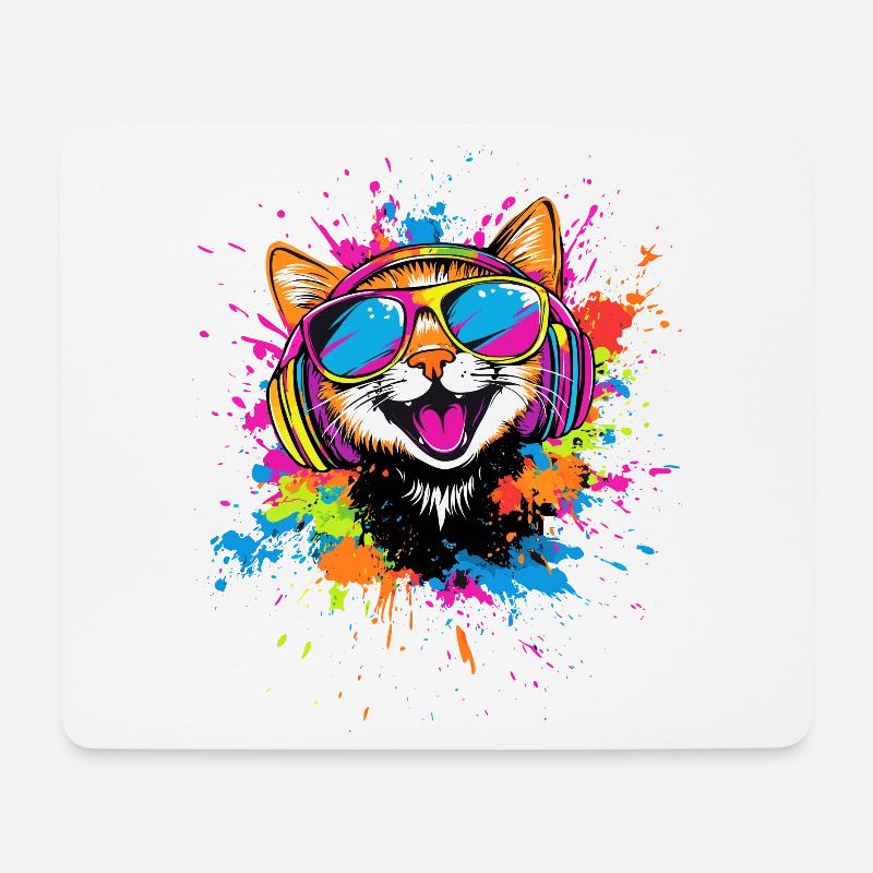 Katze Sonnenbrille Kopfhörer Musik Bunt DJ Katzen - Mousepad (Querformat) - Weiß