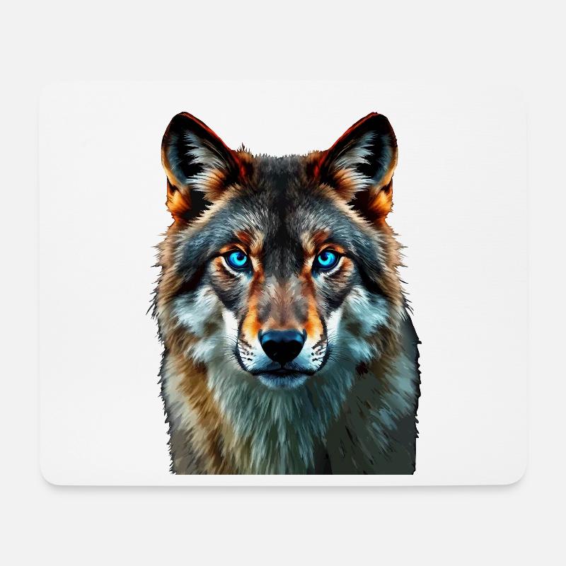 The Sapphire Gaze: Intensives Porträt eines Wolfes - Mousepad (Querformat) - Weiß