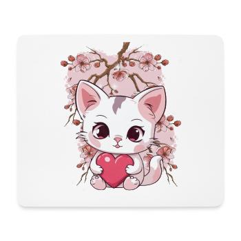 Kirschblüte Katze Katzen Herz Herzen Kinder - Mousepad (Querformat) - Weiß - Vorne