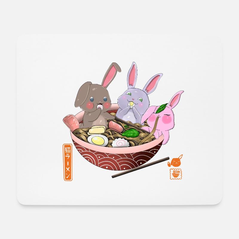 Kawaii Rabbits Eating Ramen - Mouse Pad (horizontal) - white