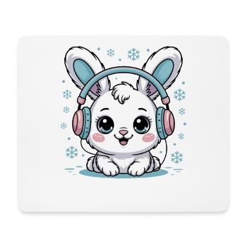 Lapin mignon avec des écouteurs et des flocons de neige - Tapis de souris (format paysage) - blanc - Devant