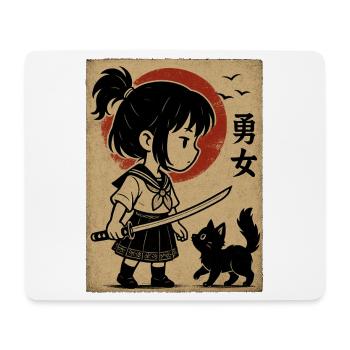Fille courageuse avec katana et chat - Tapis de souris (format paysage) - blanc - Devant