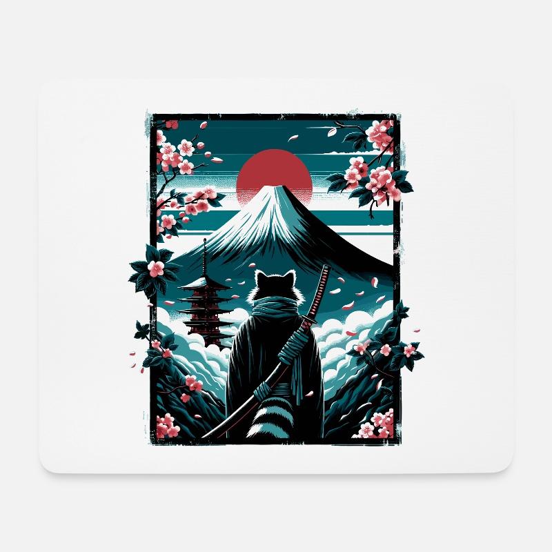 Katze mit Samurai Schwert vor Fuji - Mousepad (Querformat) - Weiß
