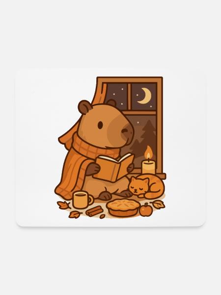 Capybara Reading Nook – Cozy Herbstabend - Mousepad (Querformat) - Weiß