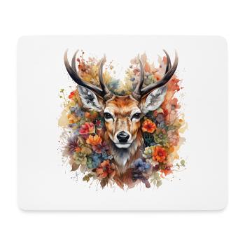 Cerf majestueux – Portrait d’art avec des fleurs - Tapis de souris (format paysage) - blanc - Devant