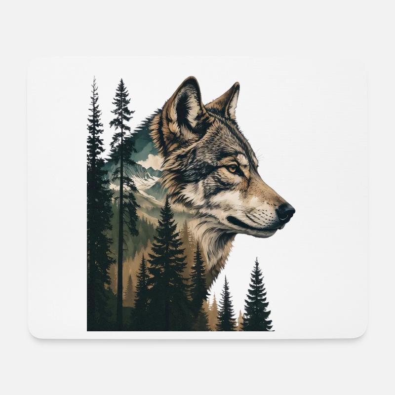 Waldwolf Portrait mit Bergen - Mousepad (Querformat) - Weiß