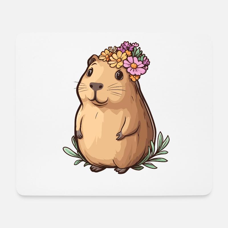 Kapibara mit Blumenkranz - Mousepad (Querformat) - Weiß