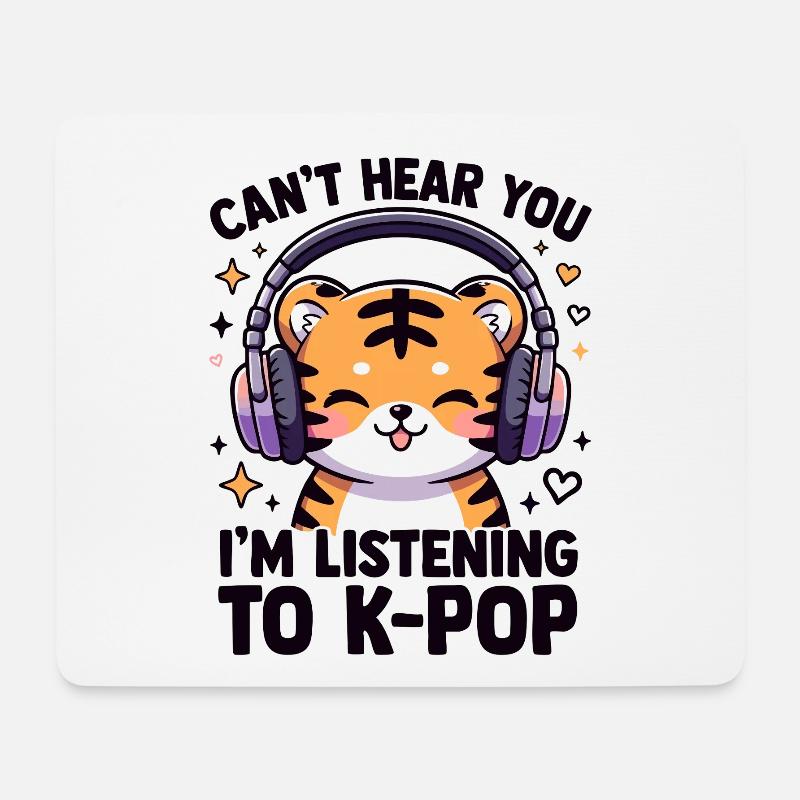 Kawaii K-Pop Tiger mit Kopfhörern - Mousepad (Querformat) - Weiß