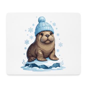 Winter sea lion with blue cap - Mouse Pad (horizontal) - white - Front