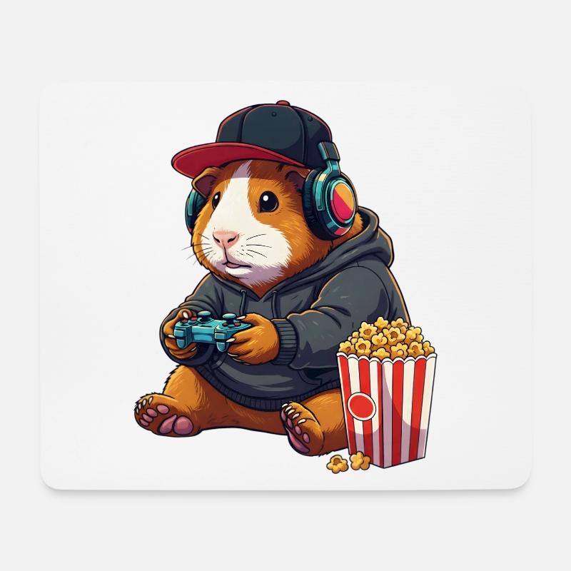 Meerschweinchen-Gamer mit Popcorn - Mousepad (Querformat) - Weiß
