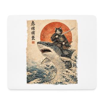 Samurai Cat Riding Shark Japanese Ukiyoe - Mouse Pad (horizontal) - white - Front