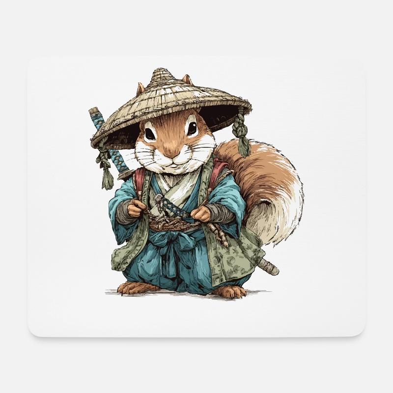 Squirrel Samurai in Blue Kimono - Mouse Pad (horizontal) - white