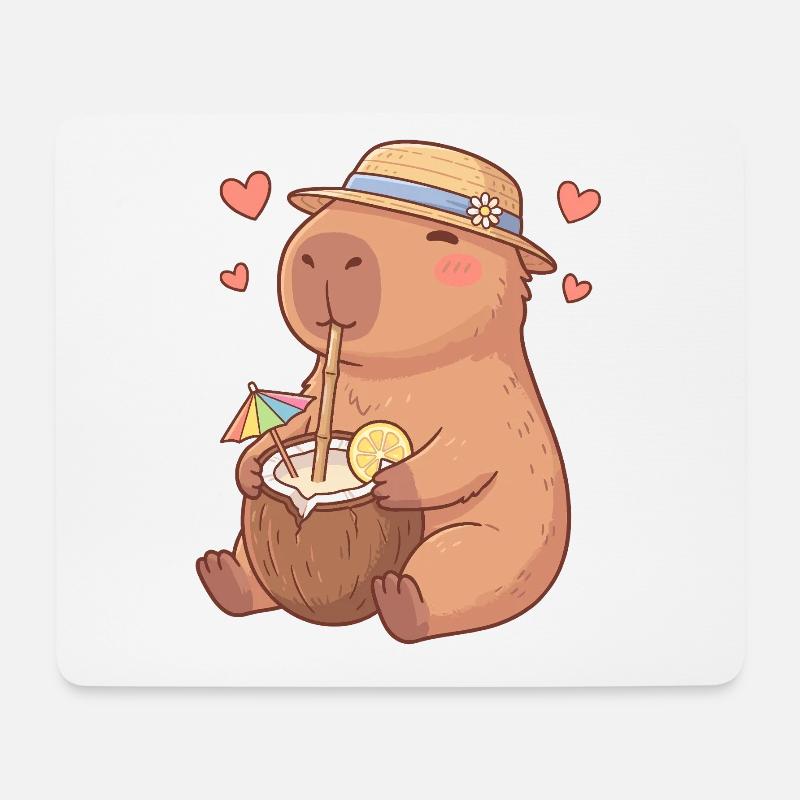 Cute Kawaii Capybara Summer Coconut Water - Tapis de souris (format paysage) - blanc