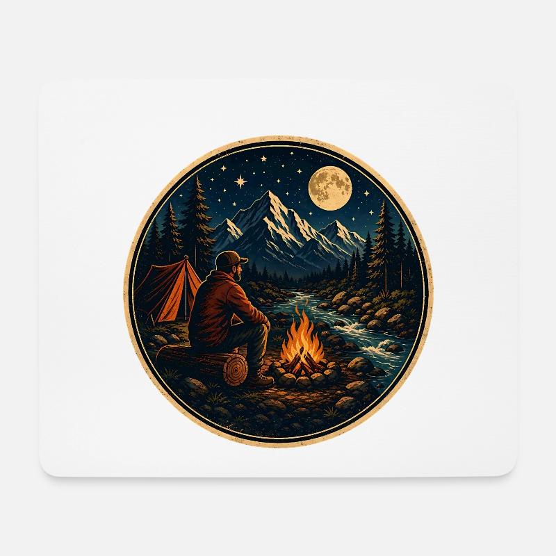 Moonlit night at campfire with tent at mountain river - Mouse Pad (horizontal) - white