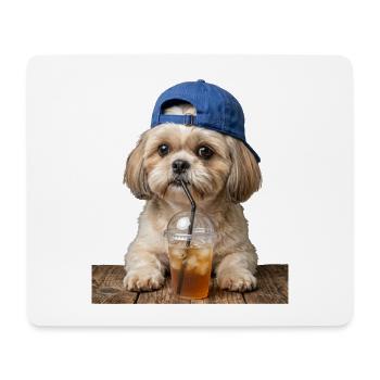 Hund mit Cap trinkt Eiskaffee - Mousepad (Querformat) - Weiß - Vorne