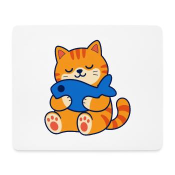 Orangefarbene getigerte Katze umarmt ein Fischkissen - Mousepad (Querformat) - Weiß - Vorne