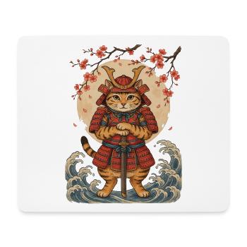 Samurai Katze mit Katana vor roter Sonne - Mousepad (Querformat) - Weiß - Vorne