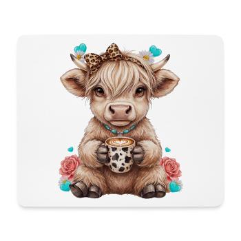 Hochlandrind Kalb mit Schleife und Kaffee - Mousepad (Querformat) - Weiß - Vorne