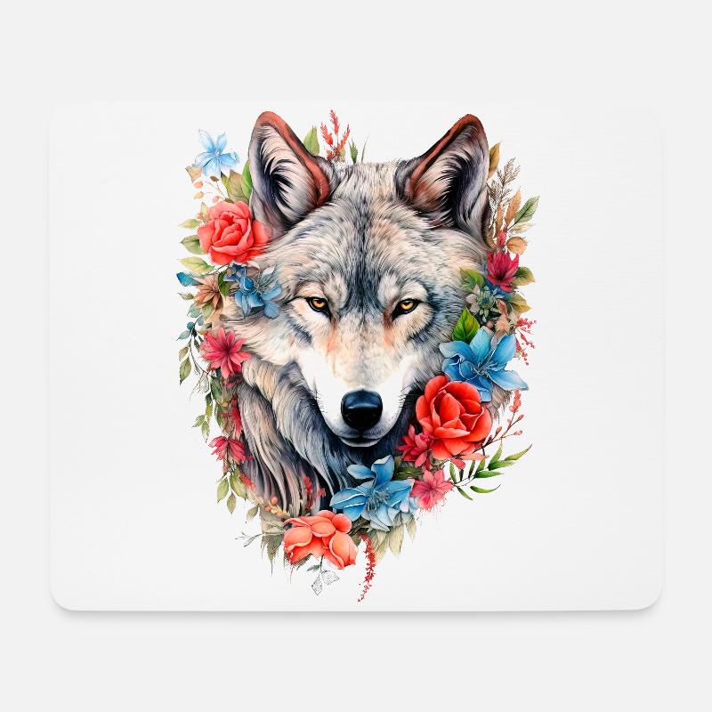 Wolf mit Blumen Mädchen - Mousepad (Querformat) - Weiß