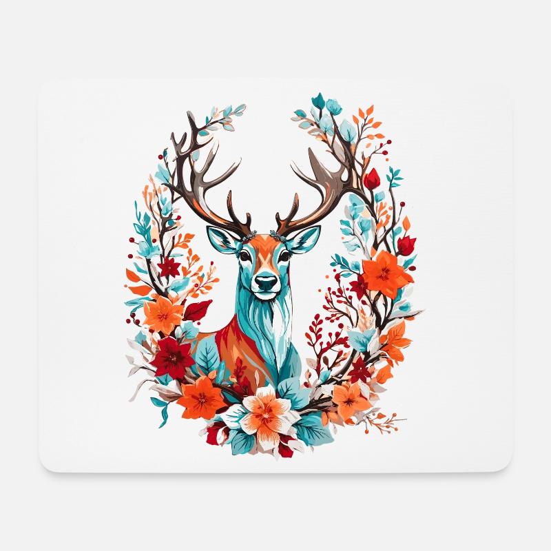 Hirsch mit Blumen - Mousepad (Querformat) - Weiß