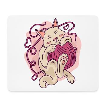 Cute Cozy Cat Hugging Yarn Ball Cartoon - Mouse Pad (horizontal) - white - Front