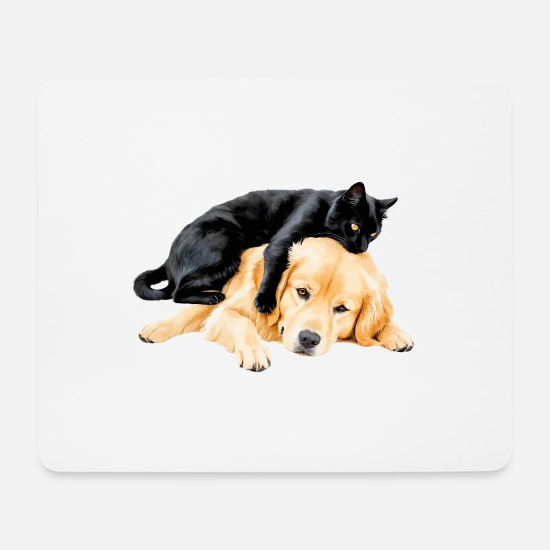 Black cat and golden retriever - Mouse Pad (horizontal) - white