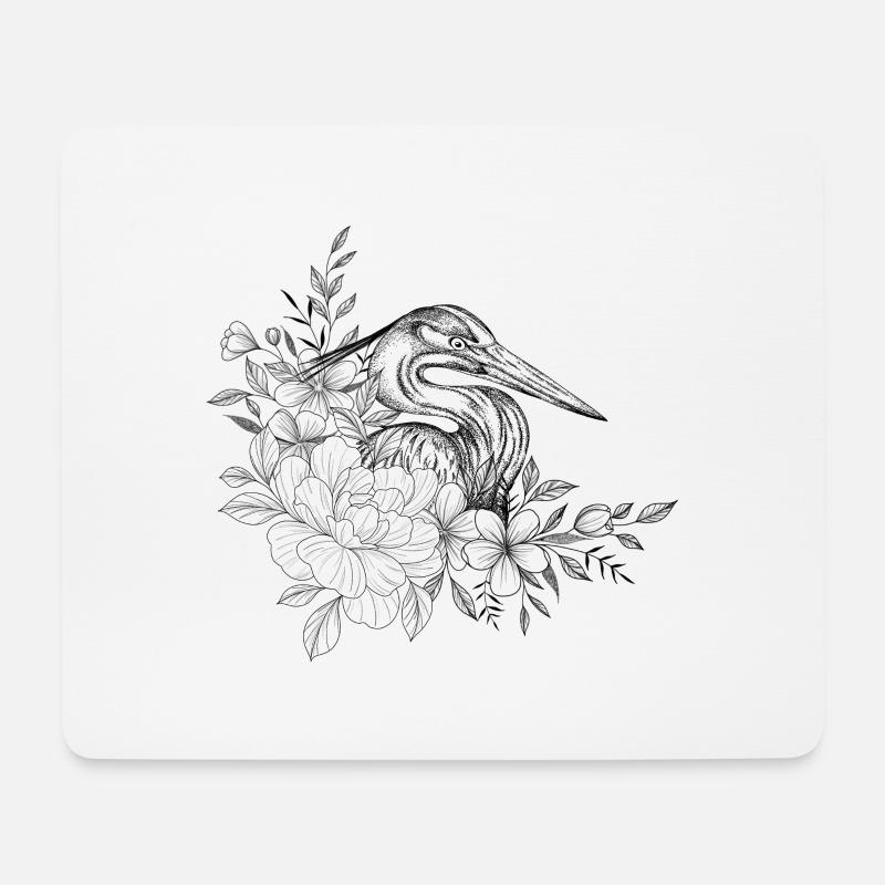 Dessin héron floral - Tapis de souris (format paysage) - blanc