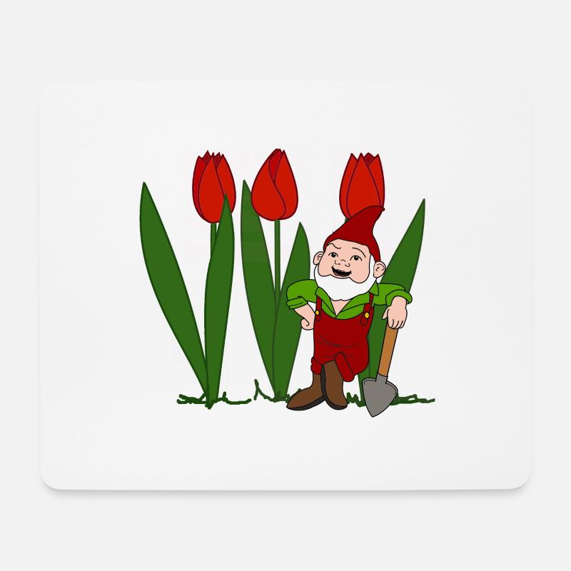 Gartenzwerg, Tulpen, Frühling, Garten - Mousepad (Querformat) - Weiß
