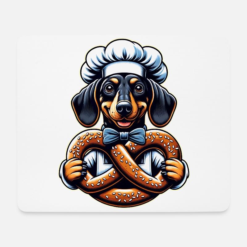 Dackel mit Bäckermütze und großer Brezel - Mousepad (Querformat) - Weiß