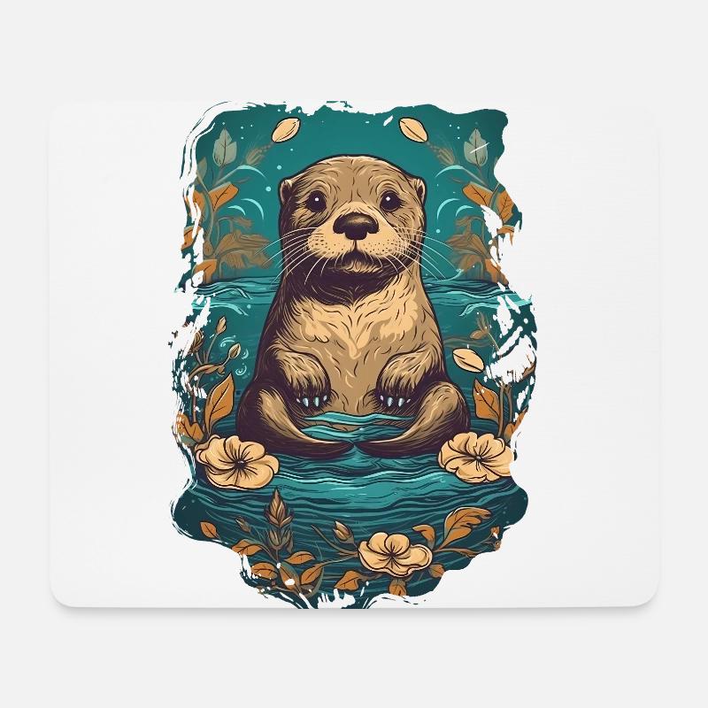 Süßer Otter im Wasser mit Seerosen - Mousepad (Querformat) - Weiß