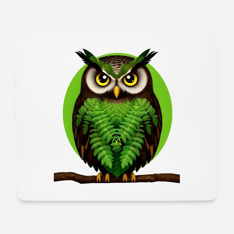 Green leaf owl portrait on branch - Mouse Pad (horizontal) - white