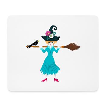 young witch with broom and raven - Mouse Pad (horizontal) - white - Front