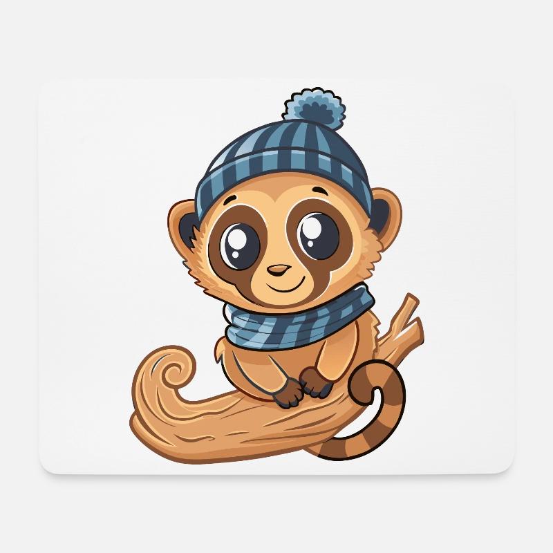 Cute lemur with scarf and bobble hat. - Mouse Pad (horizontal) - white