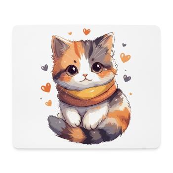 Chaton calico avec écharpe et coeurs - Tapis de souris (format paysage) - blanc - Devant