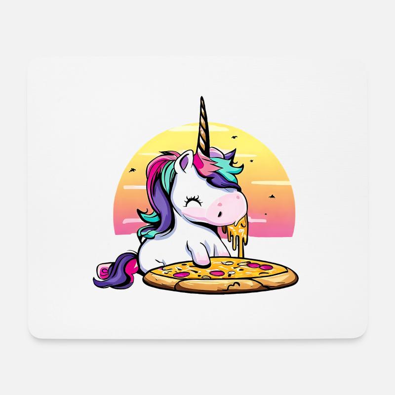 Einhorn isst Pizza im Sonnenuntergang - Mousepad (Querformat) - Weiß