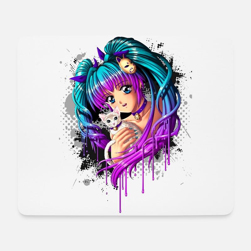 Kätzchen und Pigtail Manga Girl - Mousepad (Querformat) - Weiß