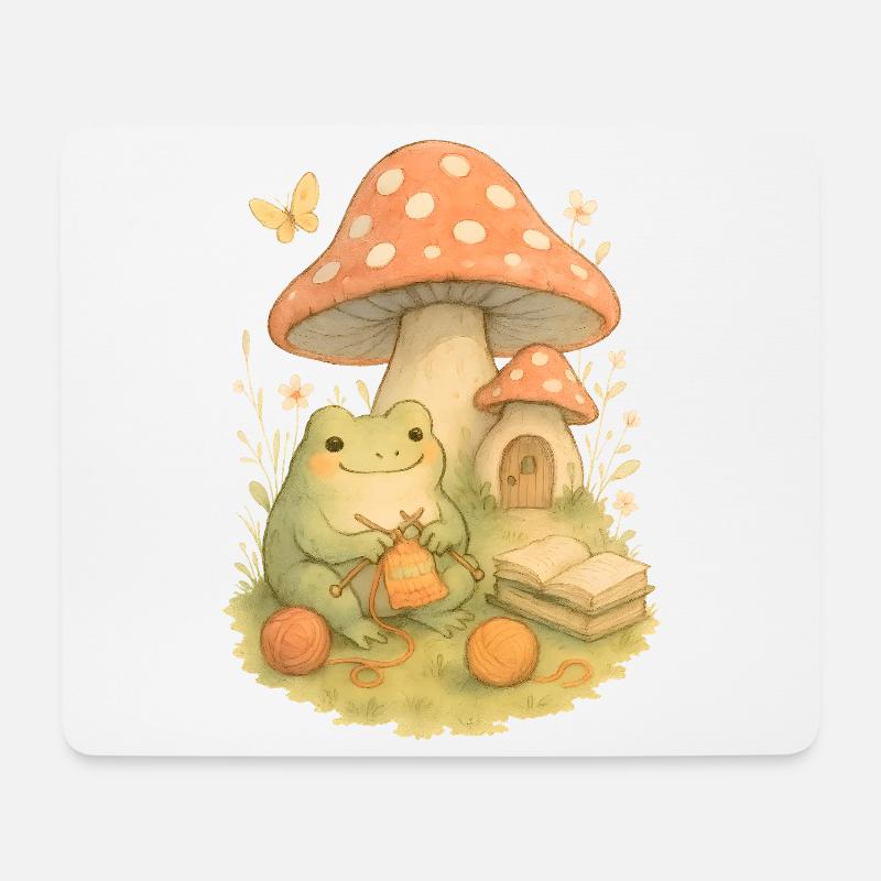 Knitting frog in front of toadstool house - Mouse Pad (horizontal) - white
