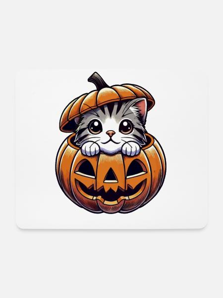Katze, Halloween, Kürbis - Mousepad (Querformat) - Weiß