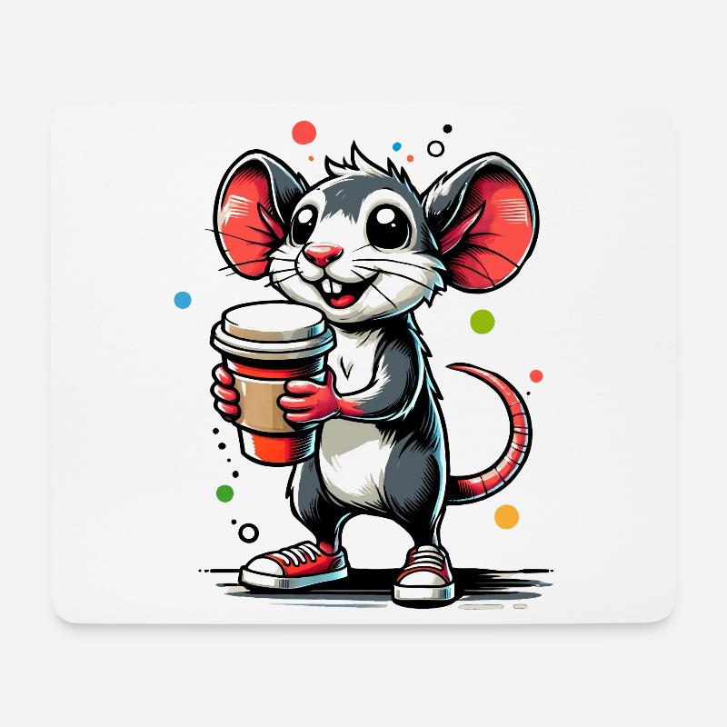 Cartoon einer fröhlichen Maus mit Kaffee - Mousepad (Querformat) - Weiß