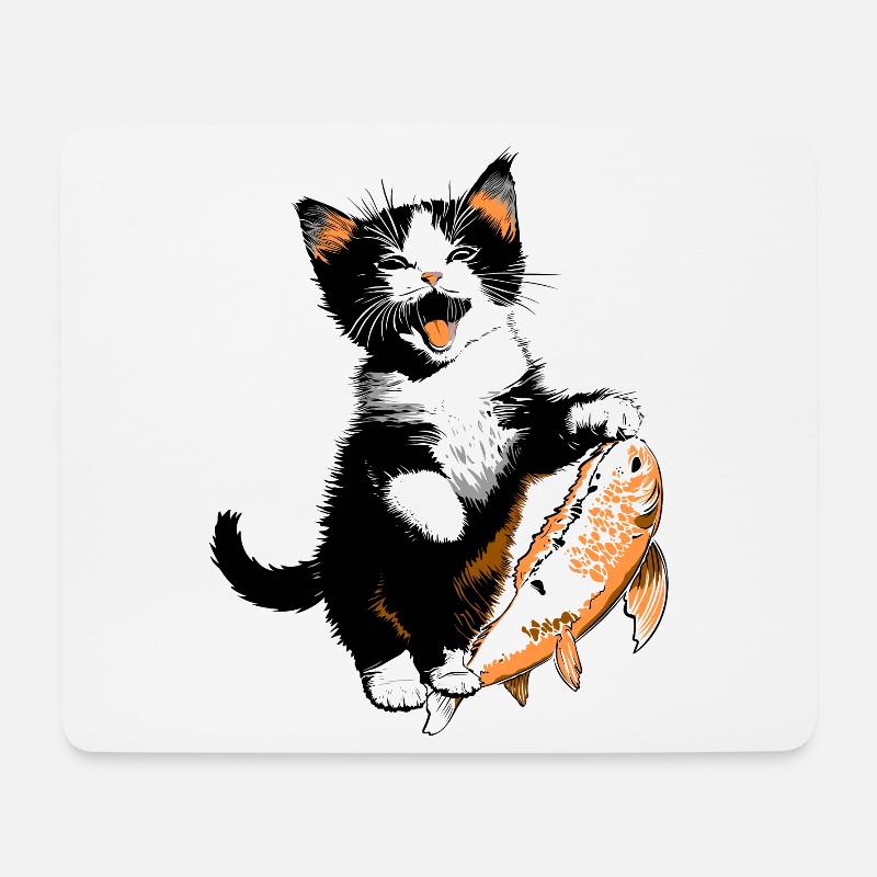 Kätzchen mit großem Lachs – Kitty mit Fisch - Mousepad (Querformat) - Weiß