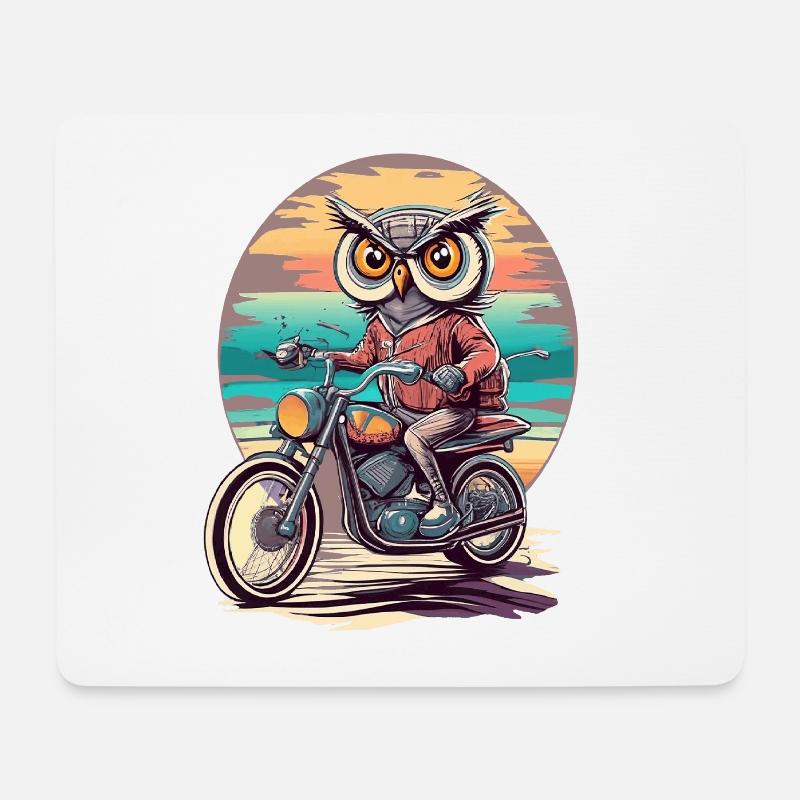 Retro Style Sunset Motorcycle Ride with a Wise Owl - Mouse Pad (horizontal) - white