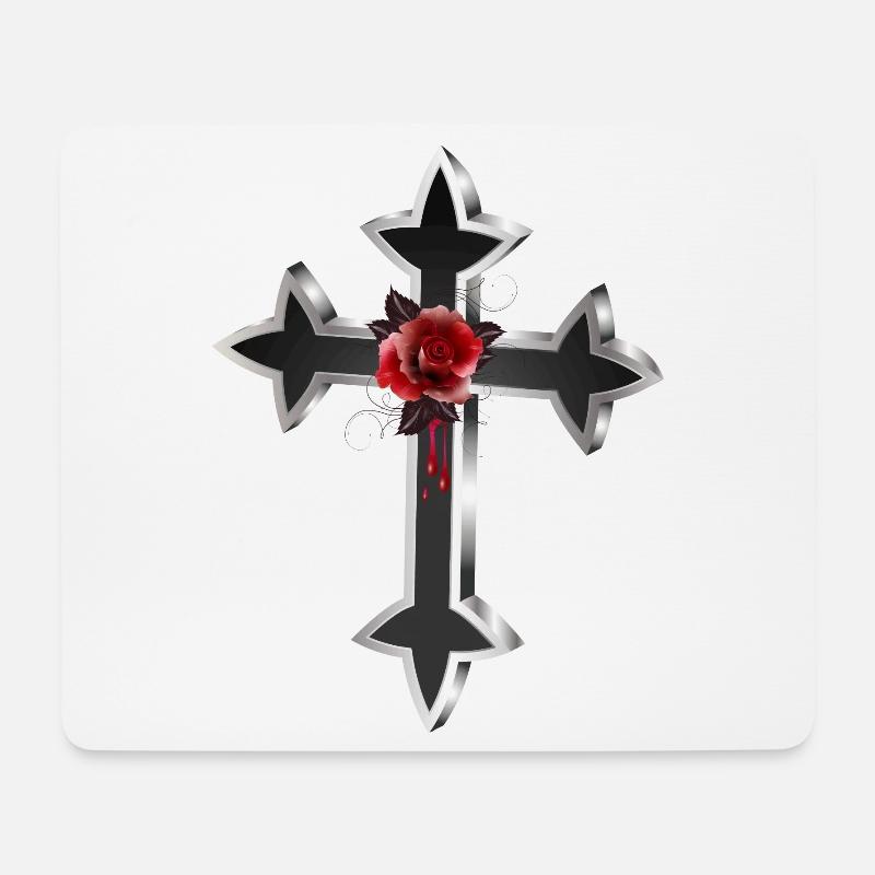 schwarz silberfarbenes Gothic Kreuz mit roter Rose - Mousepad (Querformat) - Weiß