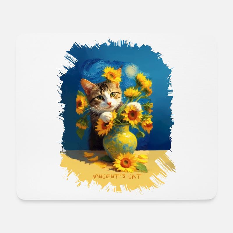 🌻😻 Vincents Katze unter Sonnenblumen – Malerei - Mousepad (Querformat) - Weiß