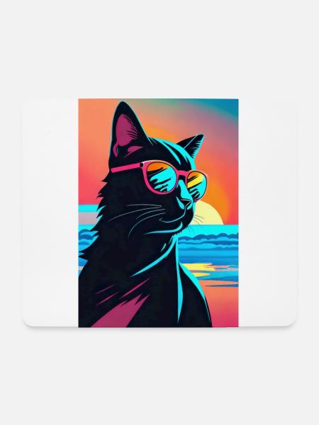 Synthwave Katze - Mousepad (Querformat) - Weiß