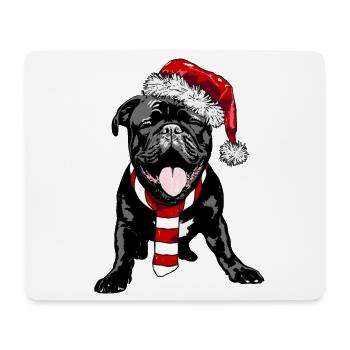 Mignon Frenchie avec chapeau et écharpe de Père Noël - Tapis de souris (format paysage) - blanc - Devant